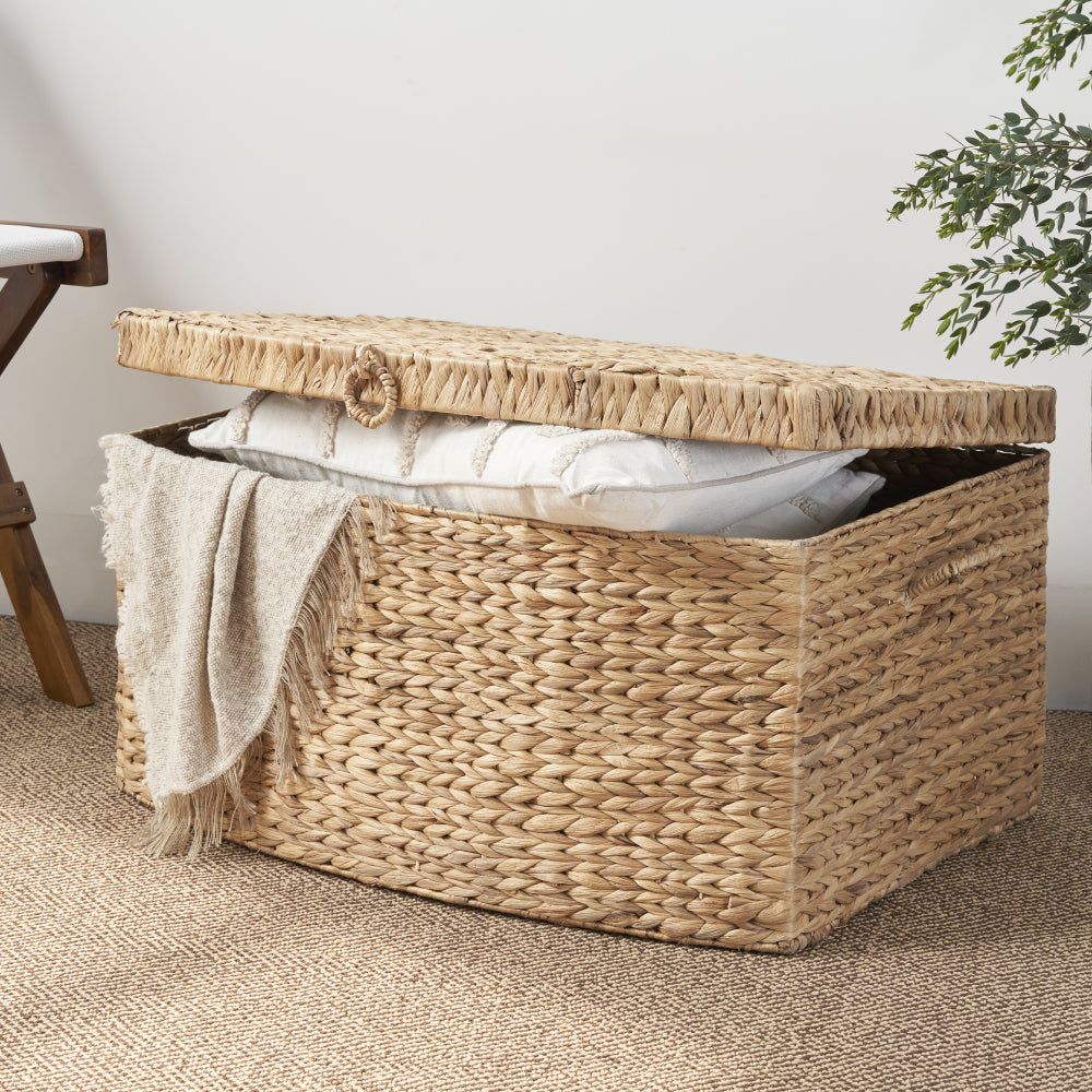 Woven Wicker Trunk in a Rectangular Shape, Featuring Handles, Measuring 26\