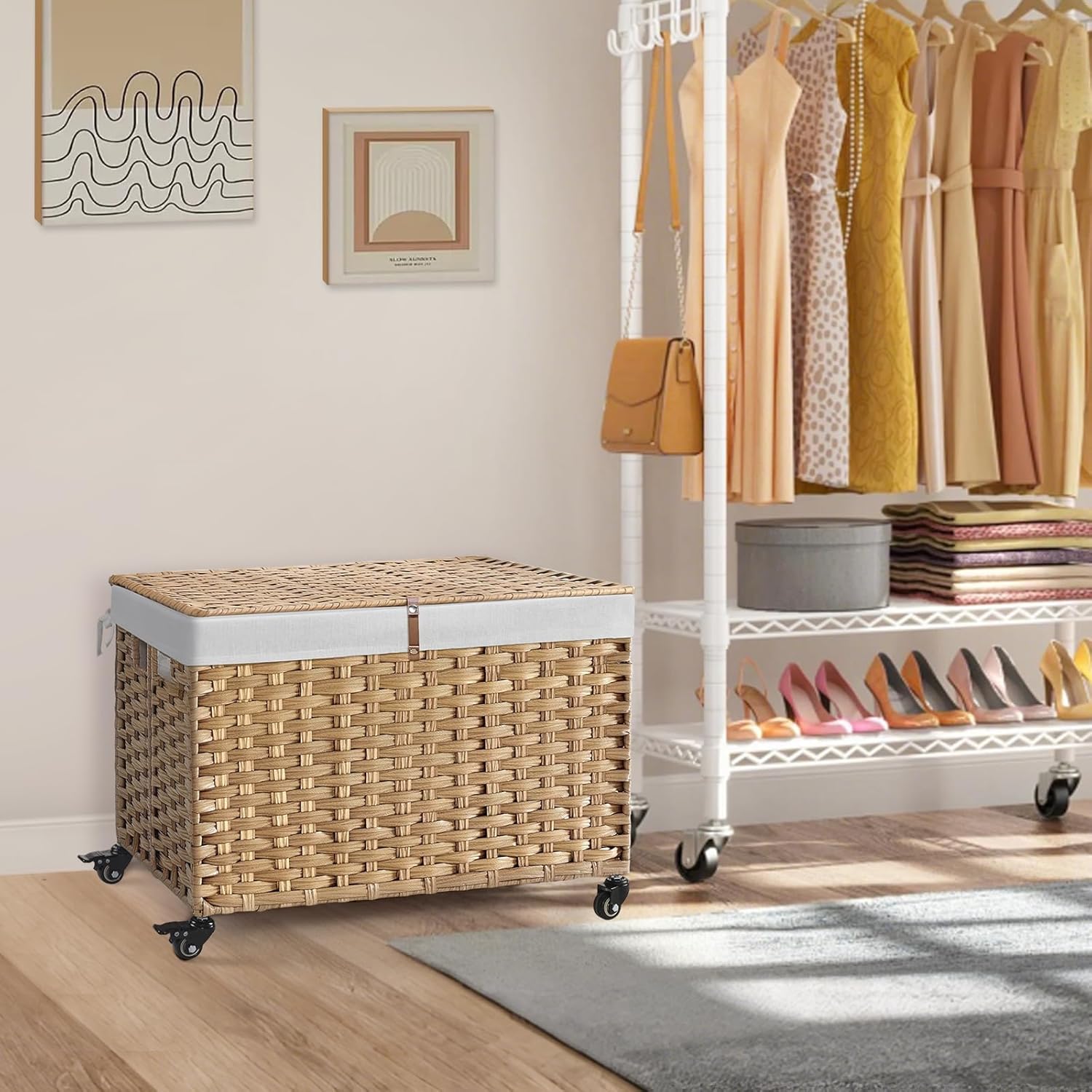 Bohemian Woven Rattan Rolling Storage Basket with Lid - 47.6 Gallon Wheeled Bin, Foldable Metal Frame Storage Suitable for Bedroom & Laundry Room, Removable Liner, Natural for Blankets,, S, Shelf Baskets
