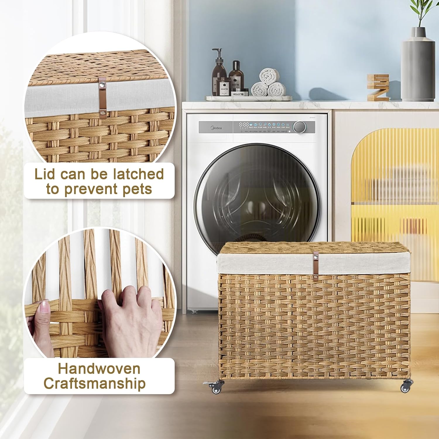Bohemian Woven Rattan Rolling Storage Basket with Lid - 47.6 Gallon Wheeled Bin, Foldable Metal Frame Storage Suitable for Bedroom & Laundry Room, Removable Liner, Natural for Blankets,, S, Shelf Baskets
