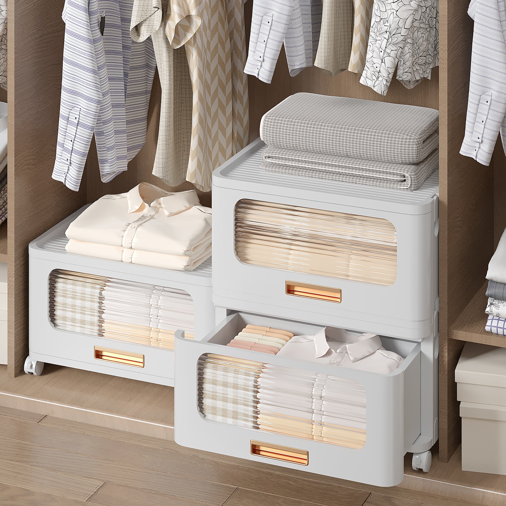 Stackable Storage Bins with Lids, Plastic Storage Containers with Drawers and Wheels, Convenient Storage Bins Closet Organizers for Bedroom, Living Room