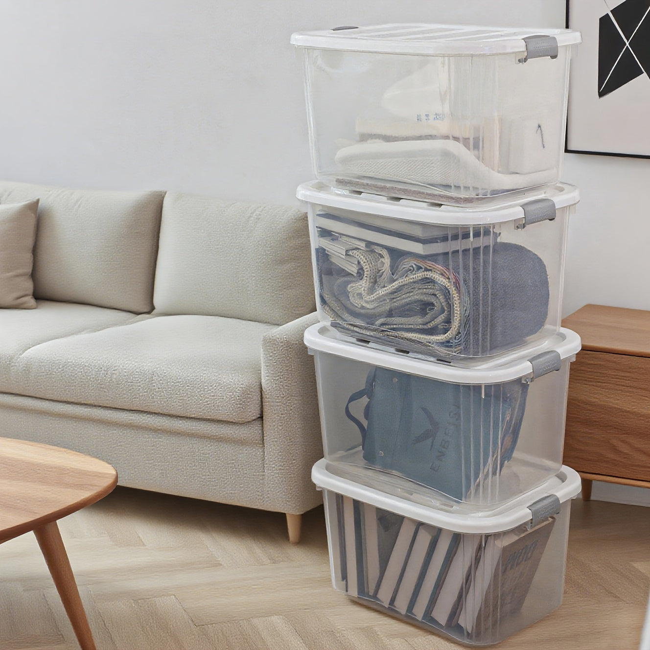 4pcs Large & Small Plastic Storage Boxes with Flip-Top Lids - Stackable Rectangular Organizers Suitable for Home,, Seasonal Storage (Under Bed, for halloween, Christmas), Under-Bed Storage