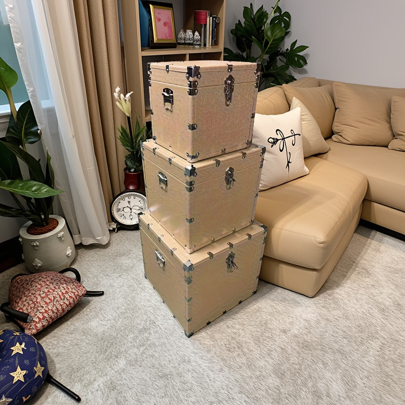 Large Retro Faux-Leather Storage Box with Lockable Lid - Multi-Functional Suitable for, Travel & Toolbox - Compact Rectangular Furniture Box, Portable Storage for Cosmetics, Tools & Sundries (No)