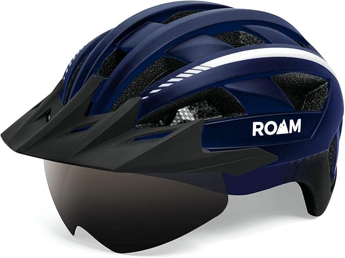 Road Bike Helmet - Durable Helmets for Adults with Sun Visor, LED Light and Detachable Magnetic Goggles - Adjustable Size - Mountain Bicycle Helmet for Adult Men & Women﻿