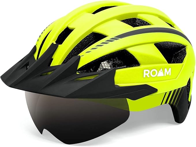 Road Bike Helmet - Durable Helmets for Adults with Sun Visor, LED Light and Detachable Magnetic Goggles - Adjustable Size - Mountain Bicycle Helmet for Adult Men & Women﻿