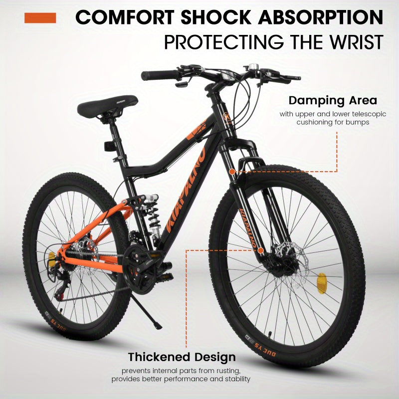26-Inch Steel Frame Shock Absorbing Mountain Bike - 21-Speed Retro Unisex Bike with Carbon Wheels, Double Disc Brakes & High-Performance Tires - Black & Orange Design, 85% Assembled w\u002FFree Pedals & Tools, Adventure Cycling, Durable Frame Construction