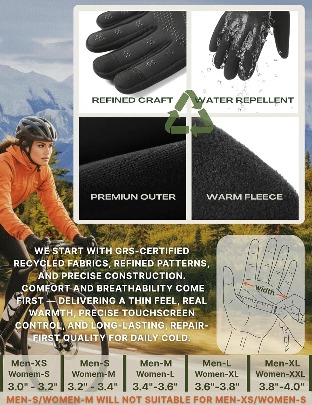 Winter Gloves Women Men Cold Weather Touch Screen 3-Layers Liner Glove for Running, Cycling, Biking, Hiking, Driving