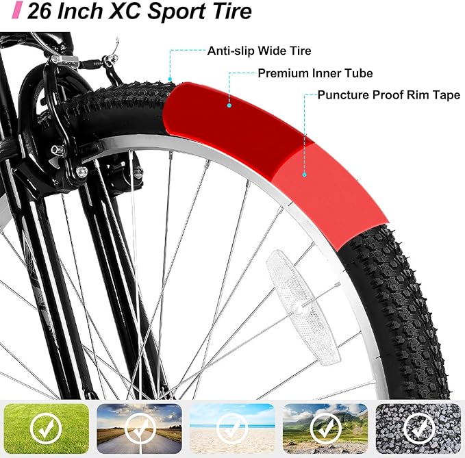 26 Inch Womens and Mens Mountain Bike, 18 Speed Steel Frame Adult Bicycle, MTB Bikes with Suspension Fork, V Brake, Mountain Bicycle for Woman Man