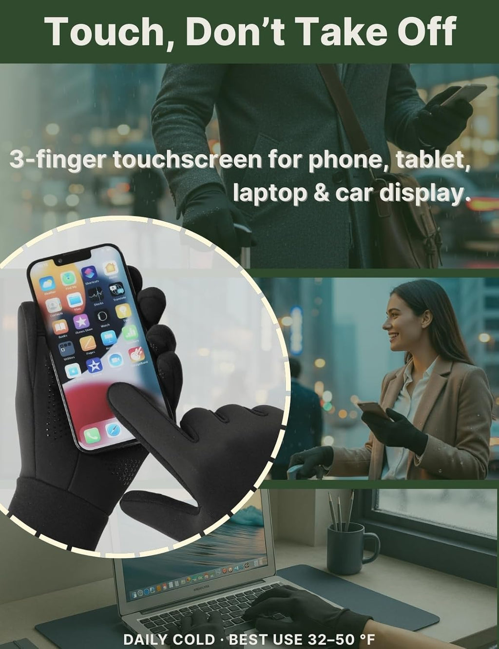Winter Gloves Women Men Cold Weather Touch Screen 3-Layers Liner Glove for Running, Cycling, Biking, Hiking, Driving