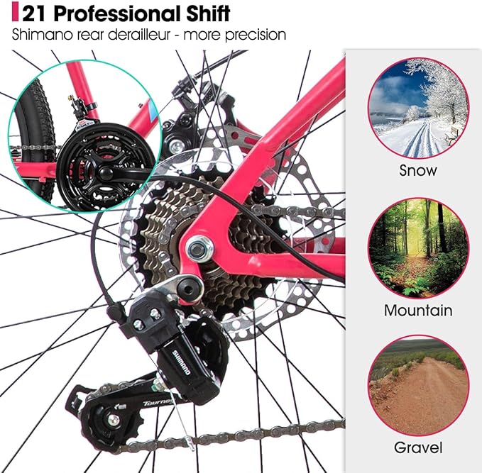 26 Inch Womens Mountain Bike, with Step-Through Frame, 21 Speeds, Suspension Fork MTB, Bicycle for Women Men Adult
