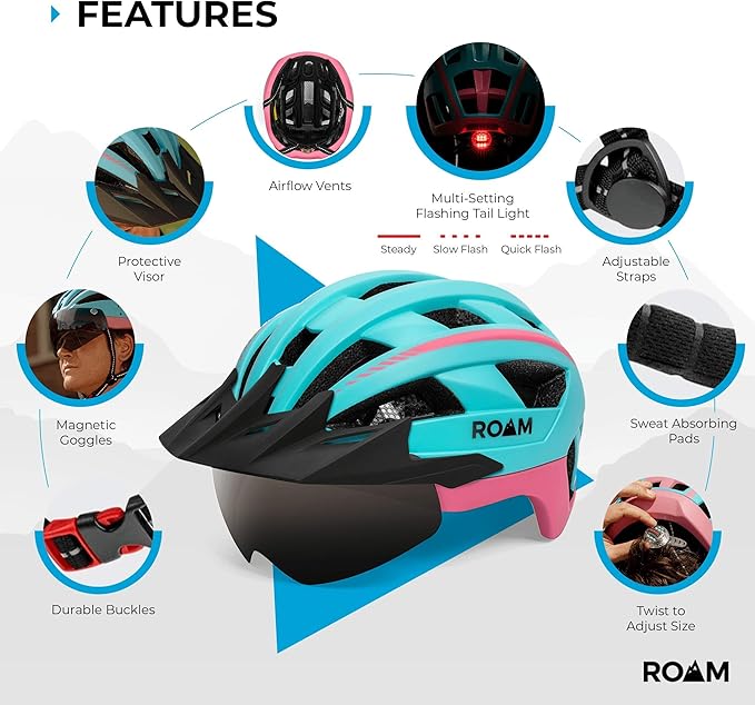 Road Bike Helmet - Durable Helmets for Adults with Sun Visor, LED Light and Detachable Magnetic Goggles - Adjustable Size - Mountain Bicycle Helmet for Adult Men & Women﻿