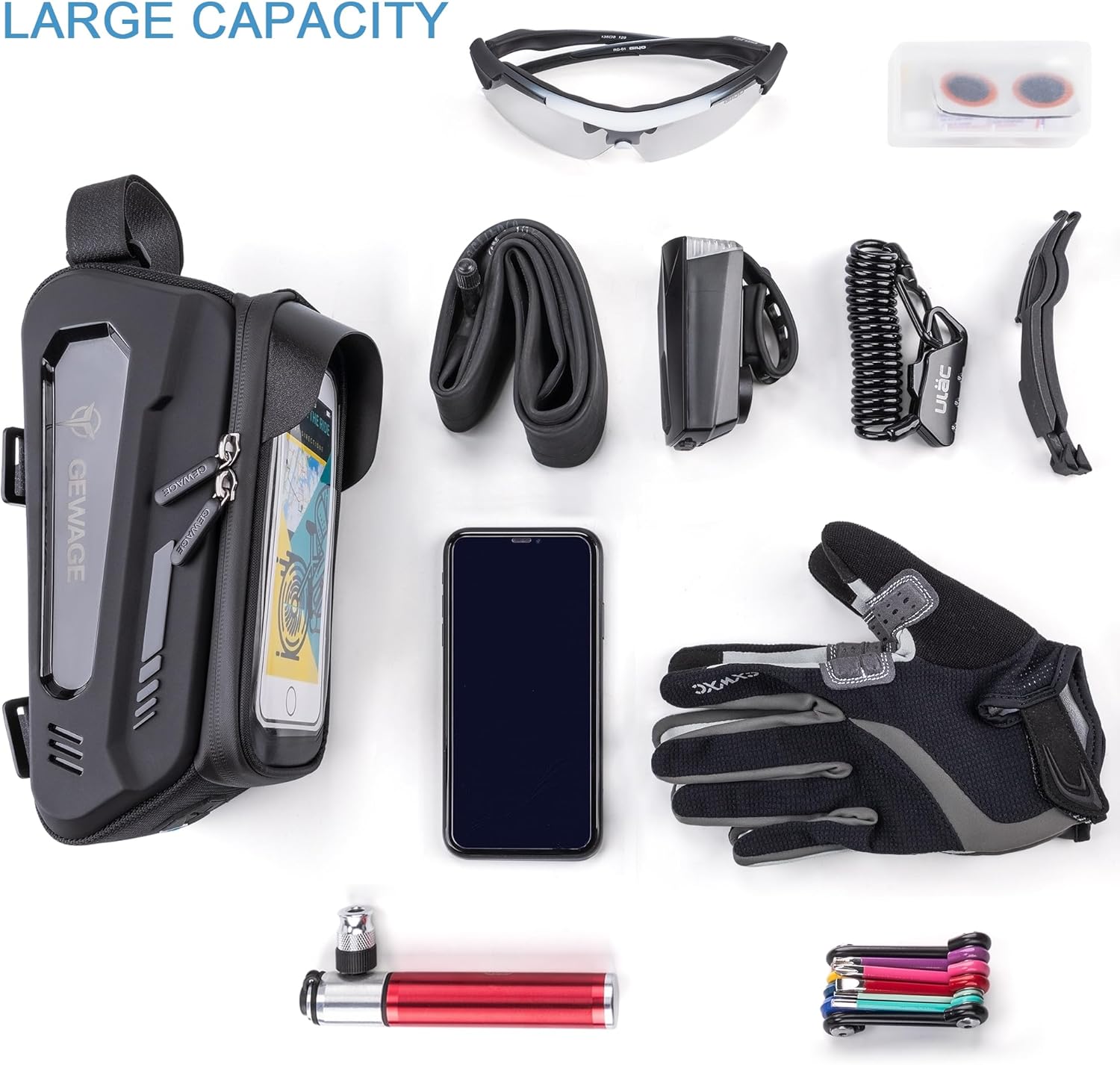 GEWAGE Bicycle Phone Mount Bag & Bicycle Tire Pump, Bike Multitool with Tyre Lever - Bike Tool Kits for Repair and Maintenance at Home or On The Road