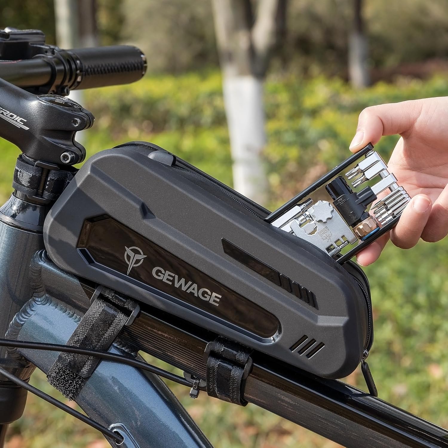 GEWAGE Bicycle Phone Mount Bag & Bicycle Tire Pump, Bike Multitool with Tyre Lever - Bike Tool Kits for Repair and Maintenance at Home or On The Road