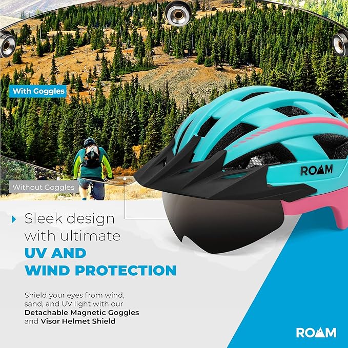 Road Bike Helmet - Durable Helmets for Adults with Sun Visor, LED Light and Detachable Magnetic Goggles - Adjustable Size - Mountain Bicycle Helmet for Adult Men & Women﻿