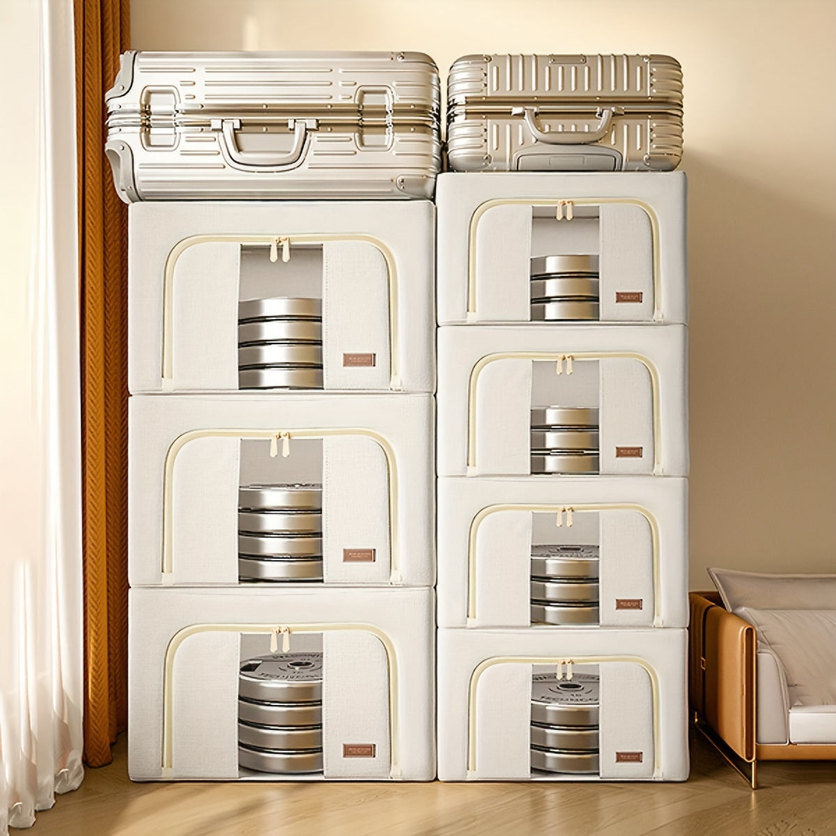 Steel Frame Storage Bins with Reinforced Handle And Clear Window 2pcs Clothes Storage Bins - Foldable Metal Frame Storage Box - Stackable Linen Fabric Organizer Set with Carrying Handles And Clear Window, Under-Bed Storage