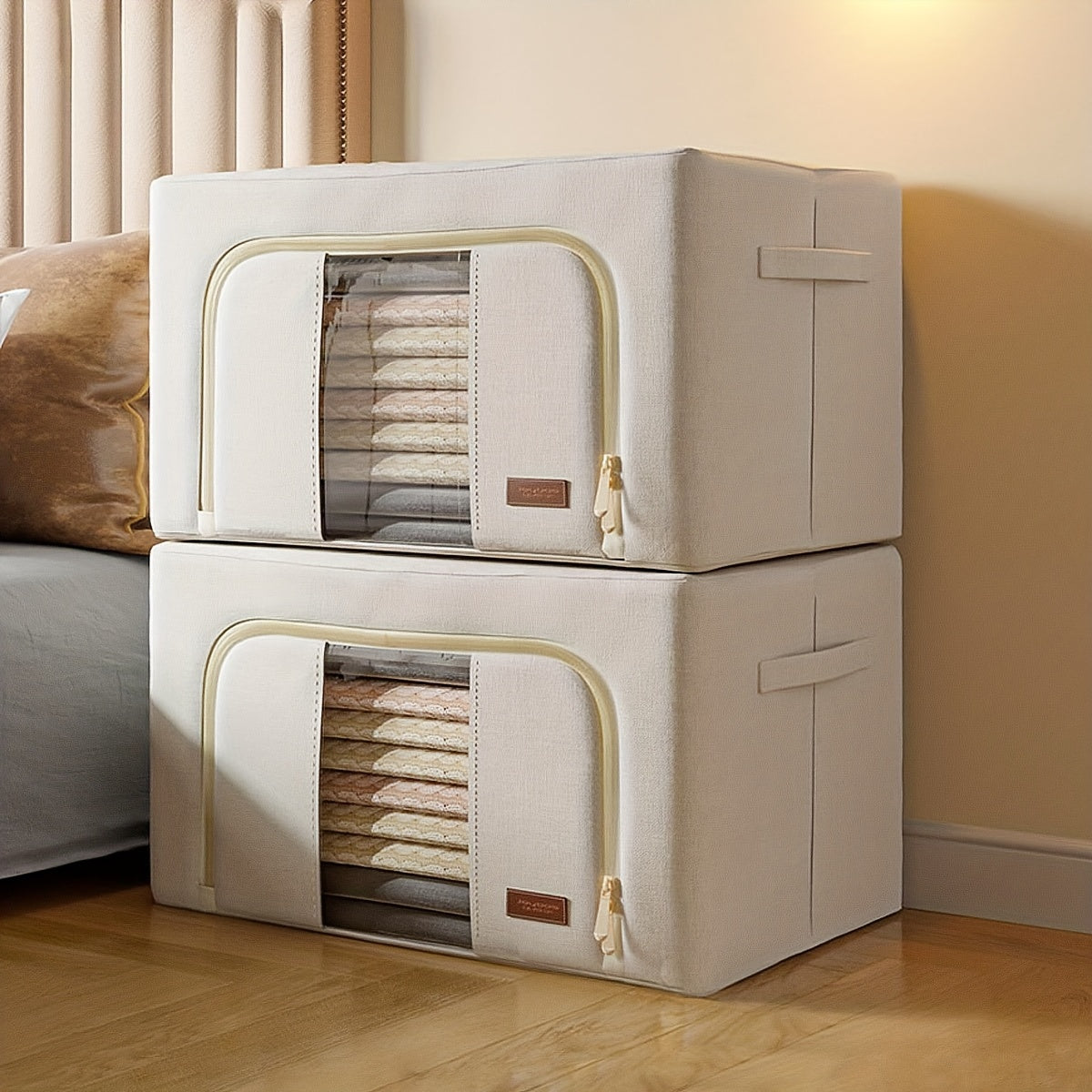Steel Frame Storage Bins with Reinforced Handle And Clear Window 2pcs Clothes Storage Bins - Foldable Metal Frame Storage Box - Stackable Linen Fabric Organizer Set with Carrying Handles And Clear Window, Under-Bed Storage