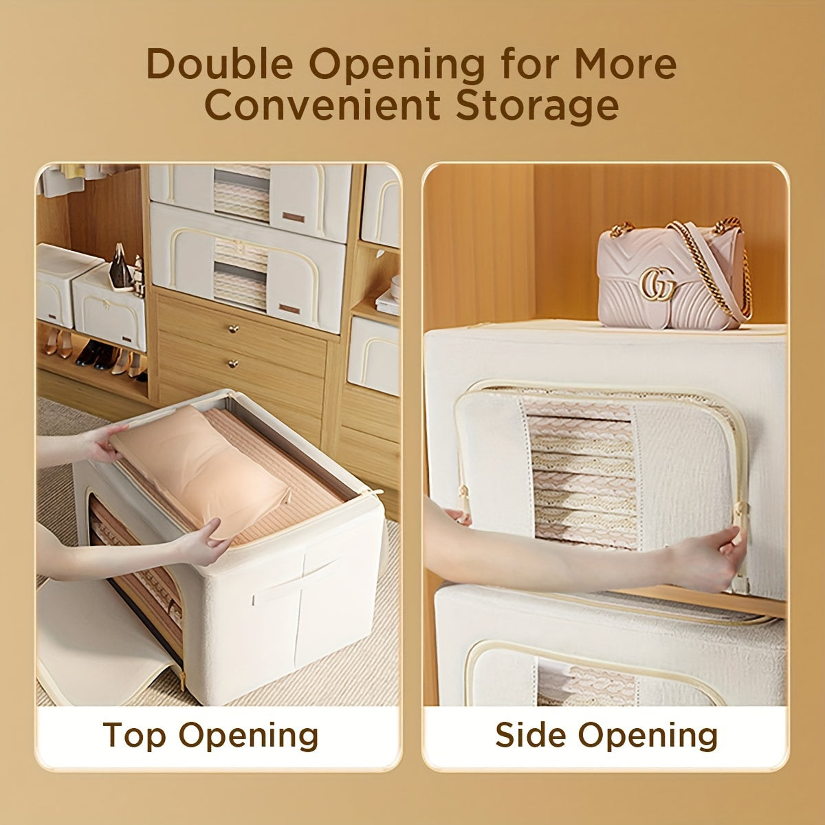 Steel Frame Storage Bins with Reinforced Handle And Clear Window 2pcs Clothes Storage Bins - Foldable Metal Frame Storage Box - Stackable Linen Fabric Organizer Set with Carrying Handles And Clear Window, Under-Bed Storage