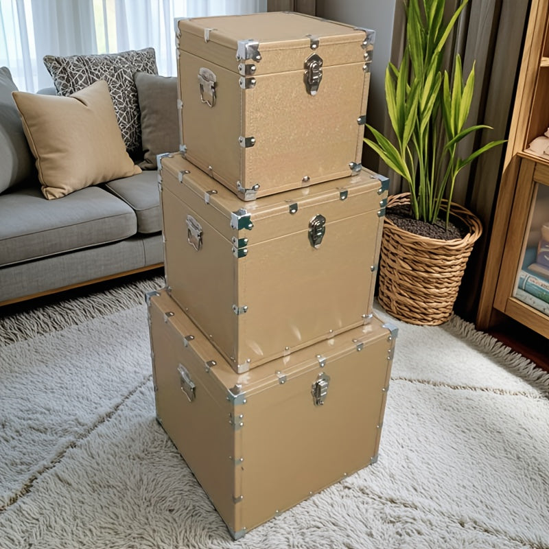 Large Retro Faux-Leather Storage Box with Lockable Lid - Multi-Functional Suitable for, Travel & Toolbox - Compact Rectangular Furniture Box, Portable Storage for Cosmetics, Tools & Sundries (No)