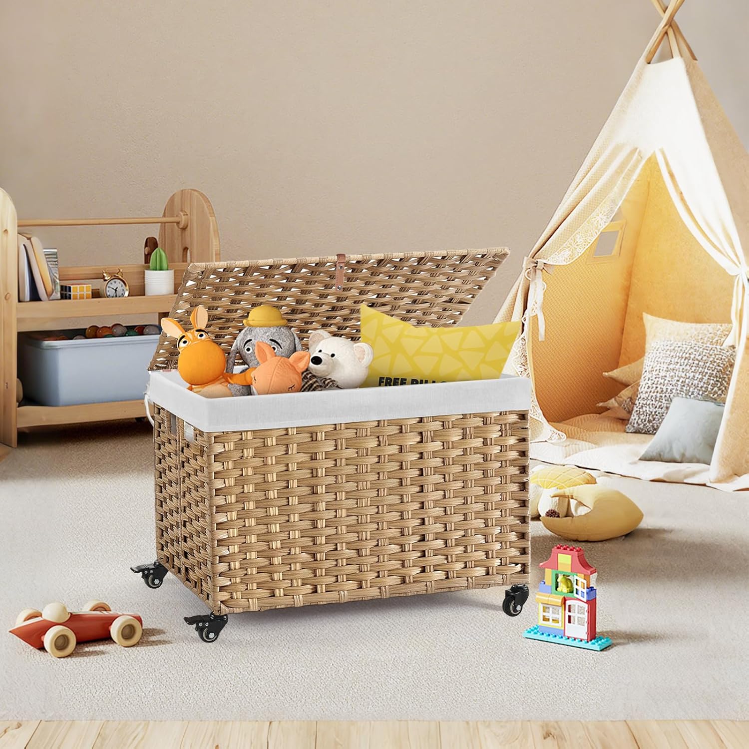 Bohemian Woven Rattan Rolling Storage Basket with Lid - 47.6 Gallon Wheeled Bin, Foldable Metal Frame Storage Suitable for Bedroom & Laundry Room, Removable Liner, Natural for Blankets,, S, Shelf Baskets