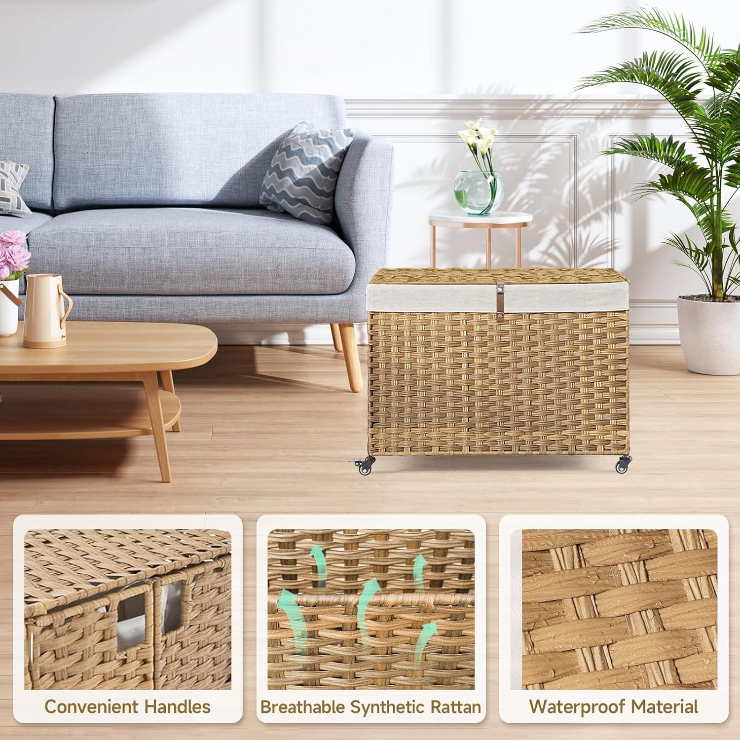 Bohemian Woven Rattan Rolling Storage Basket with Lid - 47.6 Gallon Wheeled Bin, Foldable Metal Frame Storage Suitable for Bedroom & Laundry Room, Removable Liner, Natural for Blankets,, S, Shelf Baskets