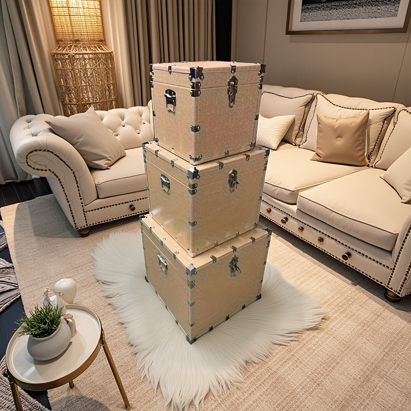 Large Retro Faux-Leather Storage Box with Lockable Lid - Multi-Functional Suitable for, Travel & Toolbox - Compact Rectangular Furniture Box, Portable Storage for Cosmetics, Tools & Sundries (No)