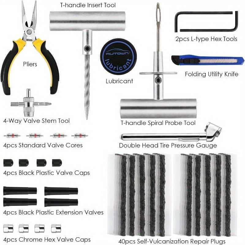 Tire Repair Kit 68pcs Heavy Duty Tire Plug Kit Universal Tire Repair Tools to Fix Punctures and Plug Flats Patch Kit for car Motorcycle Truck ARB ATV Tractor RV SUV Trailer